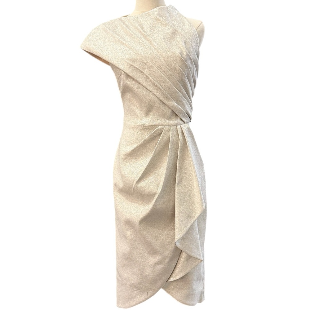 NWT THEIA $495 Sample One-Shoulder Champagne Metallic Draped Sheath Dress Sz 4